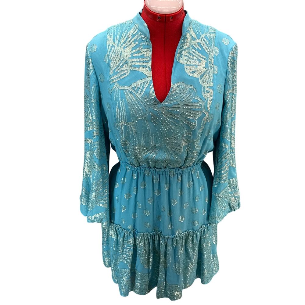 Lilly Pulitzer Joella Silk Bermuda Blue Seagrass Metallic Layered Dress Women 10